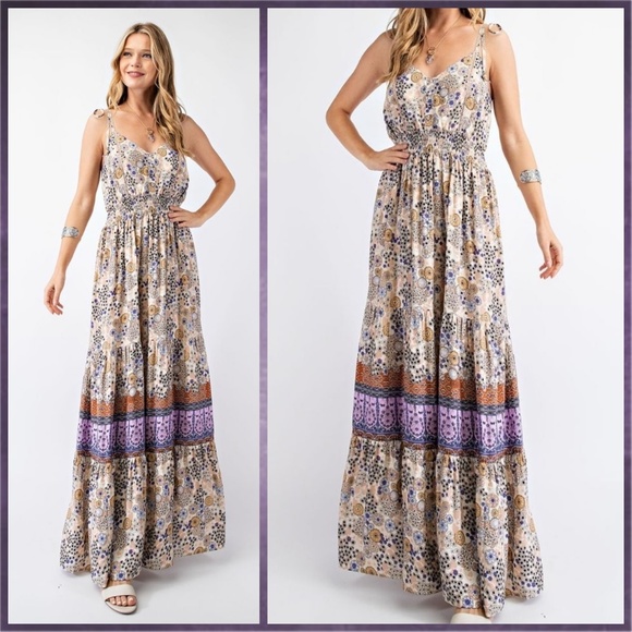 EASEL "Summer Dreams" Sexy Tiered Flowy Maxi Dress Smocked Waist Self-Tie Straps - Picture 12 of 15